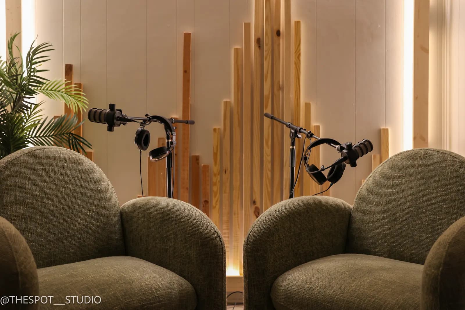 Close view of the Neutral Room chairs and microphones