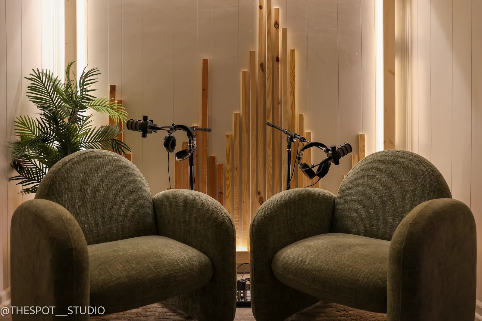 Neutral Room chairs with podcast microphones and headphones